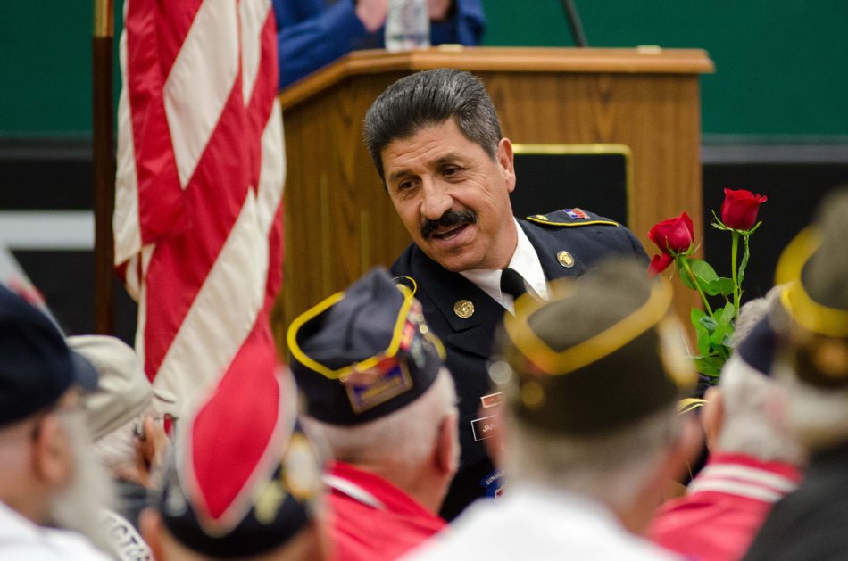 Gus Jaramillo shakes hands with some of the veterans in the audience of the annual Veterans Day Assembly. There were around 75 veterans in attendance.