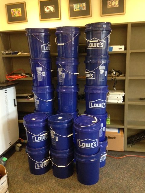 Emergency buckets, or Murray buckets, are ready to go to classrooms with a roll of toilet paper, an emergency blanket and a few first aid supplies inside. Administration supplied these bucket to teachers in case of a prolonged lockdown.