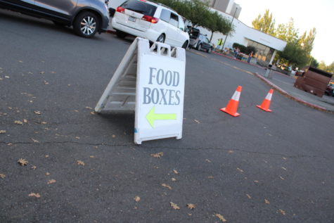 Signs throughout the parking lot at Tigard High School direct families and community members to the right places where they can pick up food every first and third Wednesday of each month. 